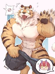 1boy 1girl ^^^ abs animal_ears artist_name bara biceps claws commentary english_commentary flying_sweatdrops fundoshi furry furry_male highres holding_pants japanese_clothes kuromons_art looking_at_viewer oni open_mouth pants pawpads pectorals pointy_ears red_hair sara_(yasha) smile sparkling_eyes speech_bubble spoken_character surprised sweatdrop tail taketora_(yasha) tiger_boy tiger_ears tiger_stripes tiger_tail topless_male unworn_pants wide-eyed yasha_legends_of_the_demon_blade yellow_fur