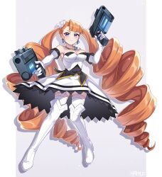 absurdres arcana_heart arcana_heart_2 arcana_heart_3 black_dress blue_gemstone boots breasts cleavage dress drill_hair earrings elbow_gloves flower flower_hairpin garter_straps gem gloves gun hair_flower hair_ornament hamu_(rz_1023) handgun highres jewelry large_breasts long_bangs long_hair necklace orange_hair petra_johanna_lagerkvist puffy_dress purple_eyes sidelocks sleeveless sleeveless_dress strapless strapless_dress thigh_boots thighhighs twin_drills twintails very_long_hair weapon white_boots white_dress white_gloves white_thighhighs
