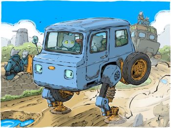 Rule 34 | 6+boys, blue coat, blue sky, brick, cat boy, coat, dirt road, highres, mecha, military uniform, mud, multiple boys, original, puddle, road, robot, sky, soldier, tower, walker (robot), wheel, yabarn