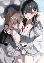 2girls black_hair blush bra_strap breasts brown_hair cellphone chigusa_minori cleaned cleavage cover cover_page ear_blush flower from_above fukami_yuu hair_flower hair_ornament hairclip hand_on_another&#039;s_back hand_on_another&#039;s_thigh highres large_breasts long_hair mole mole_under_eye mouth_hold multiple_girls no_bra novel_cover oboreru_bed_de_tenshi_no_negao_o_mitaidake. off_shoulder official_art on_bed parted_lips phone pillow pleated_skirt purple_eyes ribbon ribbon_in_mouth sailor_collar sailor_shirt school_uniform shirt short_hair sideways_glance sitting skirt smartphone third-party_edit third-party_source tucking_hair unbuttoned unbuttoned_shirt wariza yellow_eyes yukihara_ayana yuri