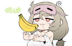 1girl 1up :3 ahoge bad_id bad_twitter_id banana bare_shoulders breasts bright_pupils commentary_request drooling eye_mask food fruit grey_hair indie_virtual_youtuber korean_commentary large_breasts long_hair low-tied_long_hair lowres mask mask_on_head off_shoulder original red_eyes saru_(monkey_magic3) saruko_(vtuber) shirt simple_background solo swirl t-shirt twintails upper_body virtual_youtuber white_background white_pupils white_shirt