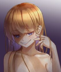 1girl amalia_lobelia blonde_hair blue_eyes crazy_eyes degtyaryov2952 empty_eyes evil_grin evil_smile grin highres long_hair naraku naraku_x nude shaded_face smile solo teeth upper_body