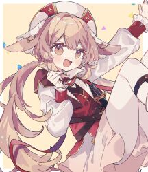 1girl animal_ears arm_up blonde_hair boots brown_eyes commission crossed_belts double-parted_bangs fang fox_ears fox_girl gold_trim hat highres hisuiyasai knees_up knife knife_sheath liavel_(yorinana_tw) light_blush long_sleeves looking_at_viewer low_twintails original pantyhose puffy_long_sleeves puffy_sleeves red_hat red_shirt red_sleeve_cuffs sheath sheathed shirt sidelocks simple_background skeb_commission skirt thick_eyebrows twintails white_pantyhose white_skirt white_sleeves