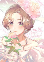 1girl absurdres bare_shoulders blush breasts brown_hair cleavage collarbone dress flower genkai_ol-san_wa_akuyaku_reijou-sama_ni_tsukaetai green_eyes hair_between_eyes hair_ornament hat highres holding jewelry long_hair looking_at_viewer natori_midori off-shoulder_dress off_shoulder shinonome_neko-tarou signature simple_background smile solo string string_of_fate sun_hat