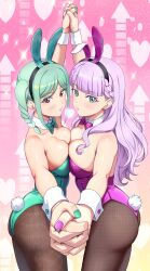 Rule 34 | 2girls, absurdres, aiai (okiraku rough nisshi), animal ears, arrow (symbol), black pantyhose, blowing kiss, blunt bangs, bow, bowtie, braid, breast press, breasts, detached collar, gradient background, green bow, green bowtie, green eyes, green hair, green nails, heart, highres, holding hands, leotard, long hair, love live!, love live! superstar!!, medium breasts, multiple girls, nail polish, onitsuka tomari, pantyhose, playboy bunny, purple bow, purple bowtie, purple hair, purple nails, rabbit ears, rabbit tail, red eyes, tail, twin braids, wavy hair, wien margarete, wrist cuffs