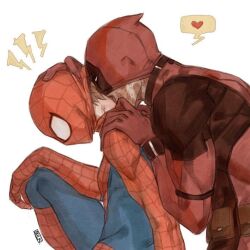 2boys arm_on_knee belt_pouch black_choker bodysuit burn_scar choker colored_speech_bubble commentary_request deadpool deadpool_(series) hand_on_another&#039;s_head heart knee_up licking licking_another&#039;s_neck male_focus marvel mask mask_lift multiple_boys pouch profile scar simple_background sitting somilky233 speech_bubble spider-man spider-man_(series) spider_web_print spoken_heart superhero_costume tongue tongue_out white_background yaoi
