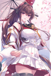 1girl breasts brown_eyes brown_hair cherry_blossoms coat coat_on_shoulders collar commentary_request cowboy_shot flower gloves hair_between_eyes hair_flower hair_intakes hair_ornament headgear highres kabocha_torute kantai_collection large_breasts long_hair looking_at_viewer metal_collar multicolored_umbrella oil-paper_umbrella open_mouth pleated_skirt ponytail pov sakuramon sidelocks skirt umbrella very_long_hair white_coat white_gloves white_skirt white_umbrella yamato_(kancolle) yamato_kai_ni_(kancolle)