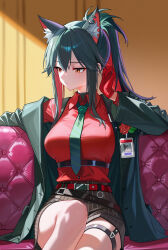 1girl absurdres animal_ear_fluff animal_ear_piercing animal_ears arknights belt black_hair black_jacket breasts buttons collar collared_shirt colored_inner_hair commentary_request couch flower gloves green_necktie hair_between_eyes hand_up highres id_card indoors jacket large_breasts long_hair looking_to_the_side loose_belt multicolored_hair necktie official_alternate_costume on_couch open_clothes open_jacket orange_eyes red_belt red_collar red_flower red_gloves red_hair red_rose red_shirt rose shirt shirt_tucked_in shorts sidelocks sitting solo striped_clothes striped_necktie striped_shorts texas_(arknights) texas_(willpower)_(arknights) thigh_strap thighs vertical-striped_clothes vertical-striped_shorts wolf_ears yueyueyue_yao