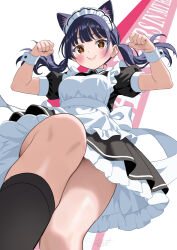 1girl alternate_costume animal_ear_fluff animal_ears apron black_dress black_hair black_socks blush boku_no_kokoro_no_yabai_yatsu cat_ears cat_girl commentary_request copyright_name dress enmaided extra_ears feet_out_of_frame frilled_apron frilled_dress frills from_below hands_up highres long_hair looking_at_viewer looking_down maid maid_apron maid_headdress paw_pose puffy_sleeves short_sleeves silent_armor smile socks solo standing white_apron white_wrist_cuffs wrist_cuffs yamada_anna
