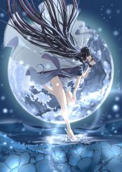 1girl absurdres bare_legs bare_shoulders barefoot black_hair blue_flower closed_eyes columbina_(genshin_impact) dress elaija218522 eye_mask feathered_wings floating_hair flower full_moon genshin_impact head_wings highres long_hair moon multicolored_hair off-shoulder_dress off_shoulder purple_hair ripples solo splashing standing standing_on_liquid standing_on_one_leg two-tone_hair water white_dress white_wings wings
