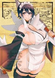 Rule 34 | 1girl, apron, black hair, black thighhighs, blue eyes, breasts, butterfly swords, choker, cleavage, flipped hair, frilled leotard, frills, hair ornament, huge breasts, iroha (samurai spirits), japanese clothes, lace-trimmed apron, lace trim, large breasts, leotard, looking at viewer, maid, maid headdress, maid leotard, multiple swords, rosie rosie, samurai spirits, short hair, smile, solo, thighhighs, thighs, unconventional maid, watermark, weapon