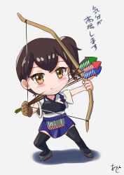 1girl akashieru apron black_hair black_thighhighs blue_hakama bow_(weapon) brown_eyes commentary_request full_body hakama hakama_skirt highres japanese_clothes kaga_(kancolle) kantai_collection long_hair muneate okobo platform_sandals rocket sandals simple_background skirt solo tasuki thighhighs translation_request tsurime weapon white_background