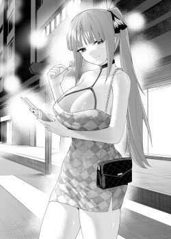 Rule 34 | 1girl, alternate breast size, alternate costume, alternate hairstyle, bag, bare shoulders, breasts, building, butterfly hair ornament, candy, cellphone, cleavage, closed mouth, collarbone, commentary request, dress, food, go-toubun no hanayome, greyscale, hair ornament, halter dress, halterneck, highres, holding, holding phone, kosmos beta, large breasts, lollipop, long hair, looking at viewer, monochrome, nakano nino, o-ring dress, outdoors, paid reward available, phone, ponytail, road, short dress, shoulder bag, sleeveless, sleeveless dress, smartphone, solo, standing, street