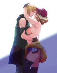 1boy 1girl arm_around_waist armband arms_around_neck baseball_cap bikini bikini_top_only black_vest blonde_hair breasts cidney_aurum closed_eyes clothes_around_waist couple curly_hair final_fantasy final_fantasy_xv gloves hat hetero highres imminent_kiss jacket jacket_around_waist large_breasts medium_hair pants parted_bangs parted_lips pink_bikini prompto_argentum red_headwear shadow short_hair short_shorts shorts spiked_hair spykeee swimsuit thigh_strap thighhighs underboob vest