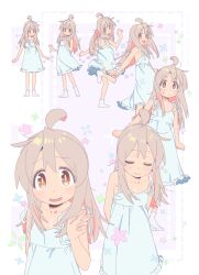 1girl absurdres ahoge brown_eyes brown_hair closed_eyes closed_mouth colored_inner_hair dress highres imamura_ryou long_hair looking_at_viewer looking_to_the_side multicolored_hair multiple_views no_shoes onii-chan_wa_oshimai! open_mouth oyama_mahiro pink_hair sleeveless sleeveless_dress socks standing standing_on_one_leg sundress tareme wavy_mouth white_dress white_socks