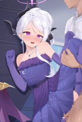1boy 1girl absurdres black_halo blue_archive blush censored demon_girl demon_horns demon_wings dress earrings gloves halo highres hina_(blue_archive) hina_(dress)_(blue_archive) horns indoors jewelry long_hair mosaic_censoring necklace off_shoulder official_alternate_costume official_alternate_hairstyle open_mouth pendant purple_dress purple_eyes purple_gloves sensei_(blue_archive) sex standing vividrabbit white_hair wings