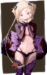 1girl bikini black_background blonde_hair border capella_emerada_lugnica colored_eyelashes cowboy_shot fangs gluteal_fold hands_on_own_cheeks hands_on_own_face highres long_hair looking_at_viewer navel open_mouth purple_bikini purple_thighhighs re:zero_kara_hajimeru_isekai_seikatsu red_eyes short_bangs short_eyebrows shrug_(clothing) simple_background smile solo stomach swimsuit taki_(a313131333) teeth thighhighs white_border