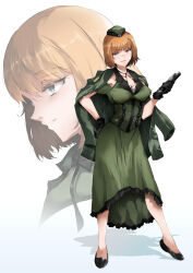 1girl alternate_costume black_gloves brave_witches breasts brown_hair formal_clothes full_body gloves gundula_rall hand_on_own_hip hat highres large_breasts looking_at_viewer open_mouth shadow shoes short_hair simple_background standing white_background world_witches_series yumemitsuki_(hagakure)