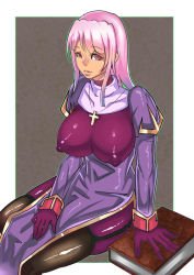1girl bodysuit breasts brown_thighhighs covered_erect_nipples cross cross_necklace female_focus garter_straps jewelry large_breasts long_hair necklace pink_eyes pink_hair priest_(ragnarok_online) ragnarok_online shiny_clothes solo thighhighs zxc