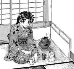 1girl absurdres blush cup floral_print futari_ecchi greyscale highres indoors japanese_clothes katsu_aki kettle kimono long_hair monochrome obi onoda_yura sash seiza sitting sliding_doors smile solo tatami teapot