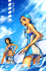 00s 2girls aqua_hair ass bad_id bad_pixiv_id black_hair blue_hair brown_eyes brown_hair cloud day eureka_(eureka_seven) eureka_seven eureka_seven_(series) long_hair midriff miniskirt multiple_girls ocean outdoors panties pink_eyes purple_eyes raglan_sleeves ray=out reflection_board robert_kim short_hair skirt sky smile surfboard talho_yuuki tattoo underwear water waves
