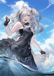 Rule 34 | 1girl, absurdres, ahoge, arknights, bare shoulders, black choker, black dress, black gloves, black hair, blue sky, choker, cloud, cloudy sky, commission, cowboy shot, dress, eyes visible through hair, flower, gloves, grey hair, hair ornament, hair over one eye, highres, in water, long hair, looking at viewer, multicolored hair, open mouth, partially fingerless gloves, pointy ears, rainbow, see-through clothes, see-through dress, sidelocks, sky, sleeveless, sleeveless dress, solo, tail, teeth, toko yuan zi, tomimi (arknights), torn clothes, torn dress, two-tone hair, two side up, upper teeth only, water, white flower, yellow eyes