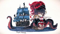 1girl ascot azur_lane black_boots black_hair black_pantyhose boots character_name chibi chibi_only hat holding holding_sword holding_weapon kikusui_karakuchi marker_(medium) pantyhose pirate_hat red_ascot red_eyes royal_fortune_(azur_lane) saber_(weapon) sail sailing_ship simple_background solo suction_cups sword tentacle_hair tentacles torn_clothes torn_pantyhose traditional_media weapon white_background