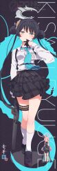 Rule 34 | ahoge, ammunition, aqua necktie, black dress, black footwear, black hair, black jacket, black skirt, blue archive, blush, blush stickers, butterfly hair ornament, character name, chest strap, china dress, chinese clothes, closed eyes, collared shirt, commentary request, cosplay, costume switch, cs/ls06, double bun, dress, dress shirt, full body, glove in mouth, gloves, green halo, grey background, grey eyes, gun, hair between eyes, hair bun, hair flaps, hair ornament, halo, helical magazine, high-capacity magazine, highres, holding, holding gun, holding weapon, hoshino (blue archive), hoshino (blue archive) (cosplay), huge ahoge, id card, jacket, kisaki (blue archive), kisaki (blue archive) (cosplay), kneehighs, loafers, long hair, long shirt, looking at viewer, mouth hold, necktie, ogipote, oversized jacket, peanut mouth, pink hair, pink halo, pleated skirt, removing glove, shirt, shoes, sidelocks, simple background, skirt, sleeveless, sleeveless dress, socks, squeans, standing, submachine gun, suppressor, thigh strap, twintails, very long hair, watermark, weapon, white shirt, white socks