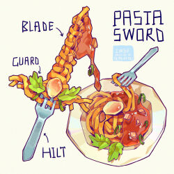 arrow_(symbol) artist_name chromatic_aberration dated dripping english_text fettucine_(food) food food_focus fork iwse_zhang leaf no_humans original pasta signature simple_background still_life sword weapon weapon_focus white_background