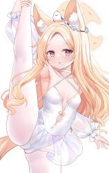 1girl absurdres animal_ears armpits arms_up athletic_leotard ballerina ballet blonde_hair blue_archive breasts cameltoe cleavage_cutout clothing_cutout covered_navel flexible fox_ears fox_girl fox_tail hair_ornament halo highres kurashina_yuzuki leotard loli pantyhose see-through_clothes see-through_skirt seia_(blue_archive) simple_background skirt small_breasts solo split standing standing_on_one_leg standing_split tail tutu white_pantyhose yellow_eyes