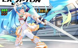 1girl aqua_eyes aqua_hair boots christmas_tree_(racing) circle_skirt collar elbow_gloves ello female_focus floating_hair gloves goodsmile_company goodsmile_racing hatsune_miku kneeling lance long_hair necktie on_one_knee polearm race_queen race_track racetrack racing_miku racing_miku_(2015) skirt solo thighhighs twintails very_long_hair vocaloid weapon