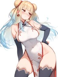 Rule 34 | 1girl, black gloves, black thighhighs, blonde hair, blue hair, blush, china dress, chinese clothes, covered navel, double bun, dress, earrings, elbow gloves, embarrassed, fingerless gloves, gloves, gradient hair, hair bun, hair ornament, hand on own hip, highres, jewelry, long hair, looking to the side, multicolored hair, no panties, nullhachinpo, phantasy star, phantasy star online 2, red eyes, shiva (pso2), skindentation, sleeveless, sleeveless dress, solo, standing, thighhighs, white background, white dress, wide hips