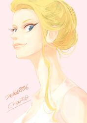 1girl animification artist_name blonde_hair blue_eyes chai_5 daisy_duck eyelashes humanization lips long_eyelashes looking_at_viewer mickey_mouse_&amp;_friends shirt short_hair signature sleeveless sleeveless_shirt smile solo upper_body