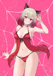 1girl animal_ears babydoll black_bow black_nails bow breasts closed_mouth collarbone commission gradient_hair grey_hair hand_up head_tilt highres medium_hair multicolored_hair navel original panties pink_background pink_panties purple_eyes ramachiru red_babydoll red_hair red_nails silk skeb_commission solo spider_web two-tone_nails underwear