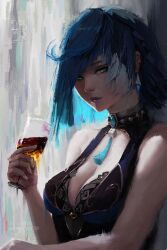 1girl absurdres artist_name black_hair blue_dress blue_hair breasts closed_mouth cup diagonal_bangs dice dress earrings faux_traditional_media floating_earring genshin_impact green_eyes highres holding holding_cup jewelry looking_at_viewer medium_breasts multicolored_hair neck_tassel patreon_username purple_lips ravine_bells simple_background single_earring sleeveless sleeveless_dress solo two-tone_hair upper_body yelan_(genshin_impact)
