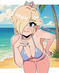 1girl artist_name beach bikini blonde_hair blue_bikini blue_eyes breasts cleavage hair_over_one_eye hand_on_own_hip highres index_finger_raised large_breasts leaning_forward legs long_hair looking_at_viewer mario_(series) navel nintendo ocean pigwazowzky rosalina smile solo swimsuit thighs water