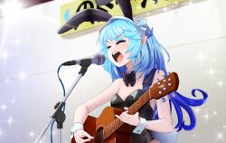 1girl absurdres ahoge alternate_costume animal_ears black_bow black_bowtie black_leotard blue_hair bow bowtie breasts chaojichu_dewutou cleavage closed_eyes colored_tips detached_collar electric_guitar fake_animal_ears gradient_hair guitar haifuyoete_(roco_kingdom) hair_ornament heart heart_ahoge highres holding instrument leotard long_hair medium_breasts microphone microphone_stand multicolored_hair music open_mouth pantyhose playboy_bunny playing_instrument pointy_ears rabbit_ears rabbit_tail roco_kingdom singing solo stage streaked_hair tail virtual_youtuber wrist_cuffs yukihana_lamy