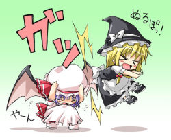 &gt;_&lt; 2girls :d apron bat_wings blonde_hair charisma_guard chibi chibi_only closed_eyes cowering dress female_focus gameplay_mechanics hair_ribbon hat hip_attack kirisame_marisa lowres mary_janes meme mob_cap multiple_girls neta nurupo_(meme) open_mouth petenshi_(dr._vermilion) purple_hair remilia_scarlet ribbon shoes slapping smile socks squatting touhou translated wings witch witch_hat xd