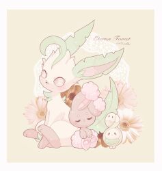 Rule 34 | alternate color, black eyes, blush, brown eyes, budew, buneary, closed eyes, closed mouth, commentary request, gen 4 pokemon, highres, leafeon, nintendo, no humans, one (chirufhy), open mouth, pokemon, pokemon (creature), shiny pokemon, smile, twitter username, yellow background