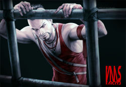 1boy black_hair body_hair character_name facial_hair far_cry far_cry_3 jewelry male_focus mohawk pendant rae shirt grey_eyes sleeveless sleeveless_shirt sneer solo vaas_montenegro