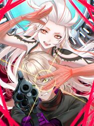 1boy 1girl absurdres ai_the_somnium_files aiba_(ai_the_somnium_files) artificial_eye black_jacket blonde_hair clenched_teeth date_kaname enasuska gloves gun handgun highres jacket long_hair long_sleeves looking_at_viewer medium_hair multicolored_hair open_mouth purple_gloves red_eyes red_hair revolver see-through_body smile streaked_hair teeth very_long_hair weapon white_hair yellow_eyes