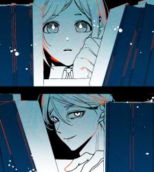 1boy 1girl b1ue_e4rth blue_theme book bookshelf bright_pupils colored_lineart commentary_request fukurai_azami hair_between_eyes korean_commentary looking_at_viewer meguriya_ayumu monochrome short_hair smile split_screen toshi_densetsu_kaitai_center upper_body white_pupils