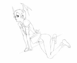 1girl barefoot capcom crotch_rub darkstalkers demon_girl es es_(cah60700) female_focus female_masturbation flat_chest greyscale head_wings lilith_(darkstalkers) masturbation monochrome simple_background sketch solo wings