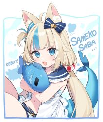 1girl :d ahoge animal_ear_fluff animal_ears blonde_hair blue_bow blue_eyes blue_hair blue_nails blue_sailor_collar blunt_bangs bow cat_ears character_name commentary dress fang fins fish_girl fish_tail frilled_shirt_collar frills front_slit hair_bow holding indie_virtual_youtuber long_hair looking_at_viewer low_twintails multicolored_hair nail_polish navel one_side_up open_mouth sailor_collar sameko_saba shark_tail shorts simple_fish sleeveless smile solo streaked_hair tail tousaki_shiina twintails very_long_hair virtual_youtuber white_dress white_shorts