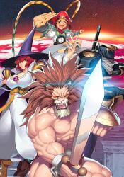 2boys 2girls animal_ears animal_head armor barbarian belt bodysuit boots breasts brown_footwear brown_hair clenched_hand detached_sleeves hat highres jewelry large_breasts leo_(warzard) lion lion_boy lion_hair looking_at_viewer mane mask mouth_mask mukuro_(warzard) multiple_boys multiple_girls muscular muscular_male ninja ninja_mask obui open_mouth pendant red_hair scarf short_hair smile space sword tabasa tao_(warzard) warzard weapon white_bodysuit white_scarf witch witch_hat yellow_belt yellow_eyes