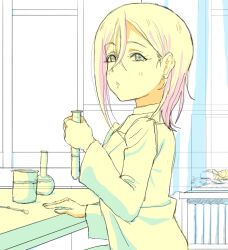 Rule 34 | 1girl, beaker, blush, crossed bangs, earrings, flask, hair between eyes, highres, holding, holding test tube, indoors, jewelry, lab coat, lips, love live!, love live! superstar!!, medium hair, parted lips, round-bottom flask, solo, stud earrings, test tube, tortoise, turtle, unfinished, upper body, wakana shiki, yaji11093