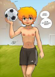 1girl androgynous ball bandaid bandaid_on_face bandaid_on_nose blush breasts crossdressing drawfag embarrassed flat_chest grass highres male_swimwear male_swimwear_challenge orange_hair portuguese_text reverse_trap short_shorts shorts shorts_only small_breasts soccer soccer_ball speech_bubble tomboy topfreedom topless_female