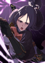 1girl absurdres armor black_gloves bodysuit breasts elbow_gloves electricity fate/grand_order fate_(series) fingerless_gloves gloves highres japanese_armor katana kote large_breasts long_hair looking_at_viewer minamoto_no_raikou_(fate) open_mouth parted_bangs purple_bodysuit purple_eyes purple_hair ribbed_sleeves rope solo sword tabard terasako very_long_hair weapon