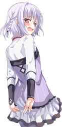 1boy 2024 arms_behind_back asuka_minato blue_hair braid commentary_request cowboy_shot dated_commentary embarrassed eyes_visible_through_hair frilled_shirt frills from_behind hair_between_eyes highres looking_at_viewer looking_back male_focus medium_hair miniskirt open_mouth otome_domain pleated_skirt pnsk4125 purple_shirt red_eyes shirt simple_background single_braid single_hair_intake skirt sleeves_past_wrists solo striped_clothes striped_shirt trap tsurime vertical-striped_clothes vertical-striped_shirt wavy_mouth white_background white_skirt