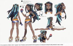Rule 34 | 1girl, absurdres, alternate language, aqua eyes, aqua hair, armlet, artbook, belly chain, black hair, breasts, concept art, crop top, dark-skinned female, dark skin, earrings, english text, eyelashes, eyeshadow, gloves, hair bun, highres, holding, holding poke ball, hoop earrings, jewelry, long hair, looking at viewer, makeup, mixed-language text, multicolored hair, multiple views, navel, necklace, nessa (pokemon), nintendo, official art, poke ball, poke ball (basic), pokemon, pokemon swsh, reference sheet, scan, single glove, single hair bun, small breasts, split, take (takegarou), third-party source, two-tone hair